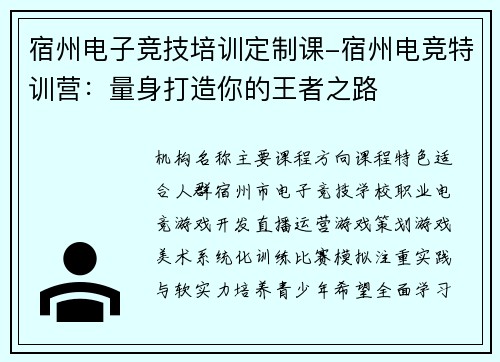 宿州电子竞技培训定制课-宿州电竞特训营：量身打造你的王者之路
